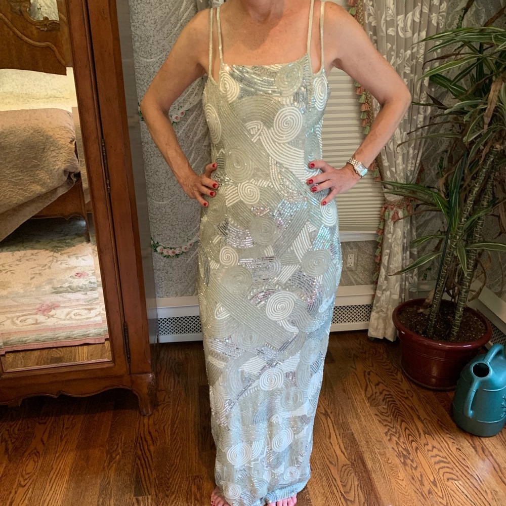 Escada geometric pattern strappy beaded gown